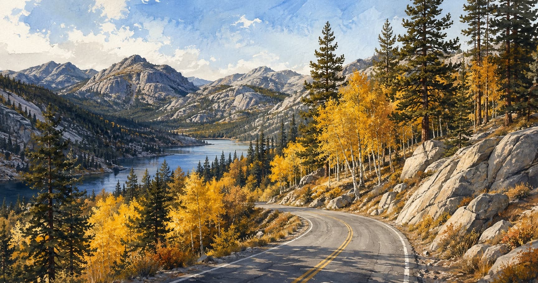 Editorial illustration of a Sierra road winding past golden aspens and an alpine lake
