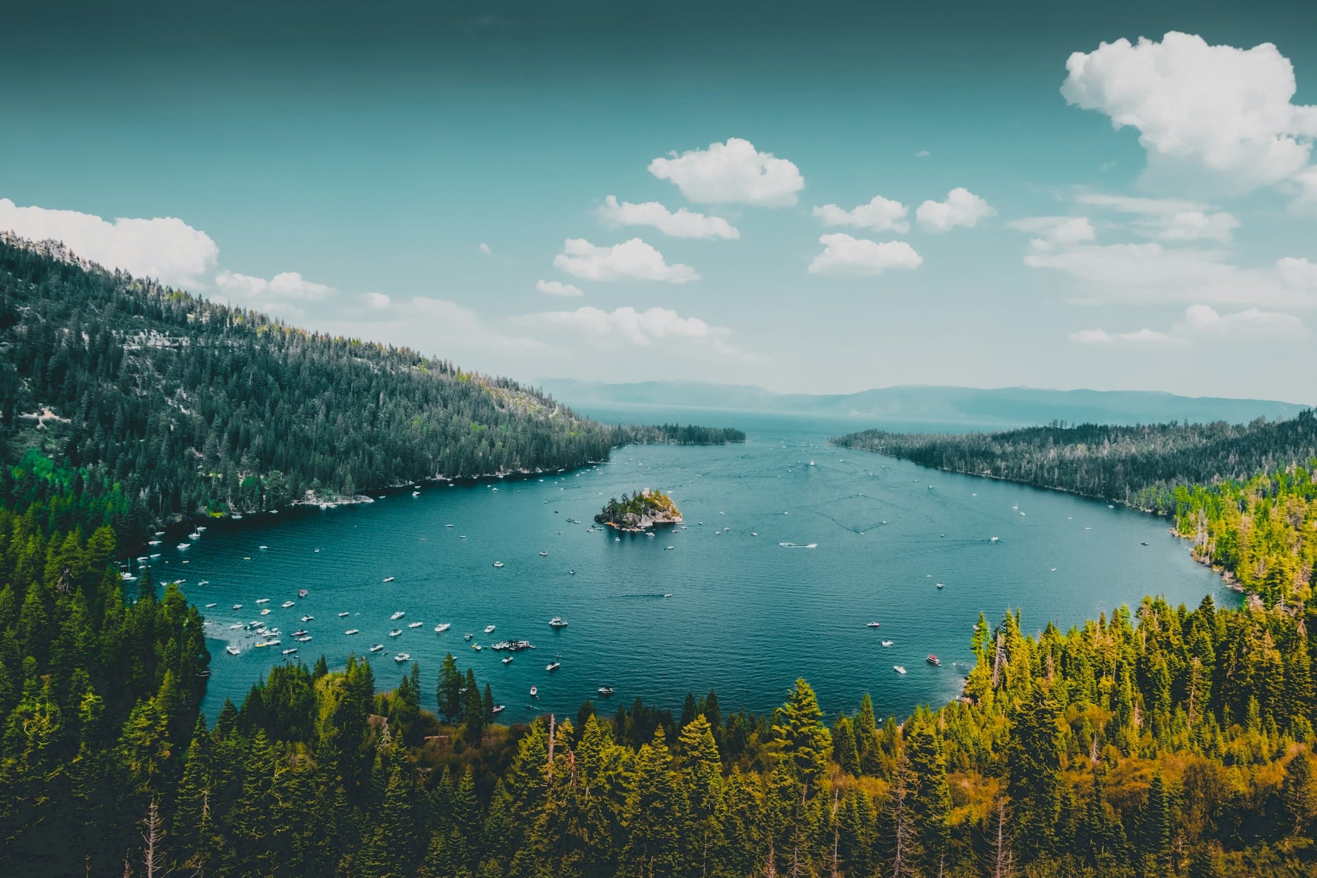 Emerald Bay, Lake Tahoe — turquoise water surrounded by Sierra Nevada pine forests
